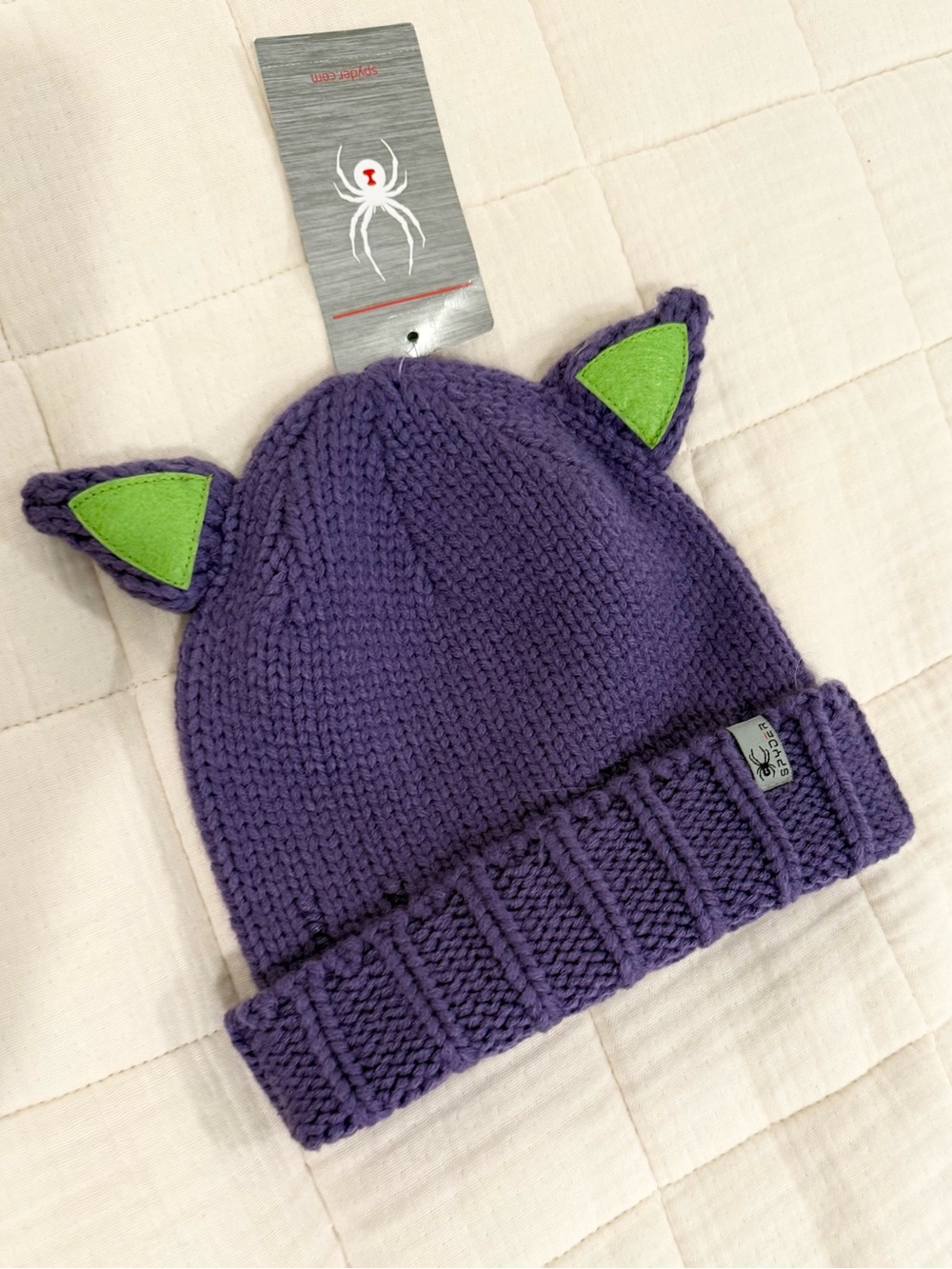 NWT | Spyder Kids One Size Ski Beanie Knit Cat Ear Purple and Green